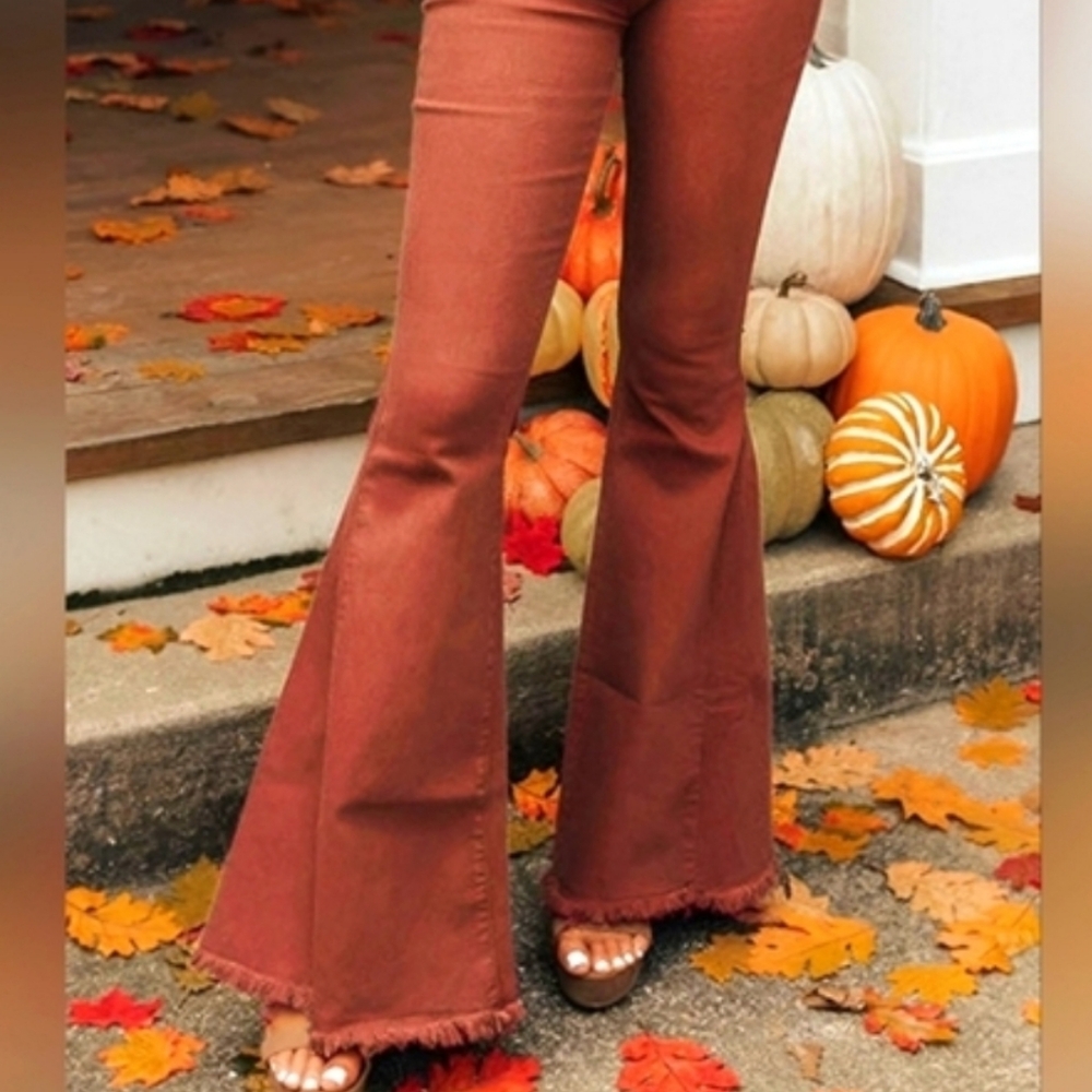 Wishlist High-Waist Wide Flared Brushed Cotton Pants in Rust - Stretch - size L